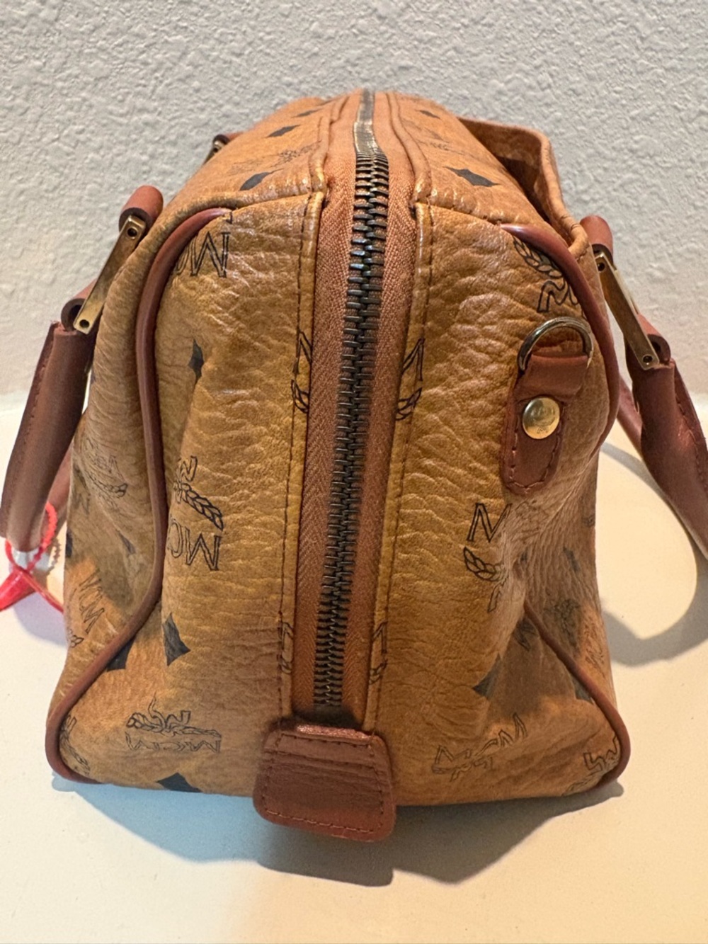 MCM Cognac Coated Canvas Satchel with Black Monogram and Gold Hardware - Picture 4 of 6